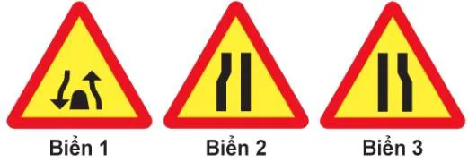Hình câu 385: Khi gặp biển nào, người lái xe phải giảm tốc độ, chú ý xe đi ngược chiều, xe đi ở phía đường bị hẹp phải nhườ…