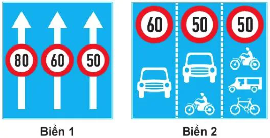 Biển báo cấm – hình câu 426: Biển nào báo hiệu các phương tiện phải đi đúng làn đường quy định và tuân thủ tốc độ tối đa cho phé…