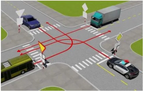 Hình câu 489: Theo hướng mũi tên, thứ tự các xe đi như thế nào là đúng quy tắc giao thông?