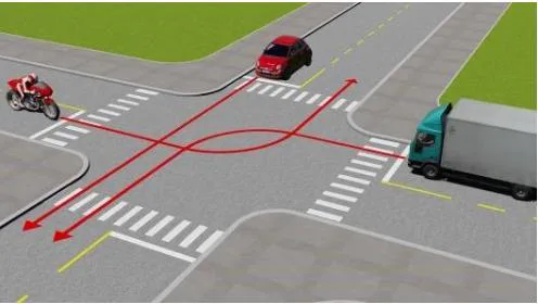 Hình câu 490: Theo hướng mũi tên, thứ tự các xe đi như thế nào là đúng quy tắc giao thông?