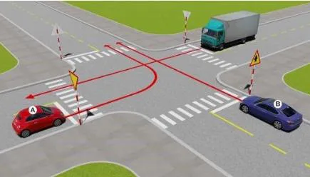 Hình câu 506: Theo hướng mũi tên, xe nào được quyền đi trước?