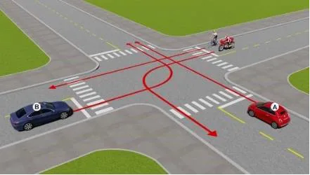 Hình câu 520: Theo hướng mũi tên, thứ tự các xe đi như thế nào là đúng quy tắc giao thông?