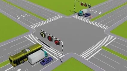Hình câu 553: Theo tín hiệu đèn, xe nào phải dừng lại là đúng quy tắc giao thông?
